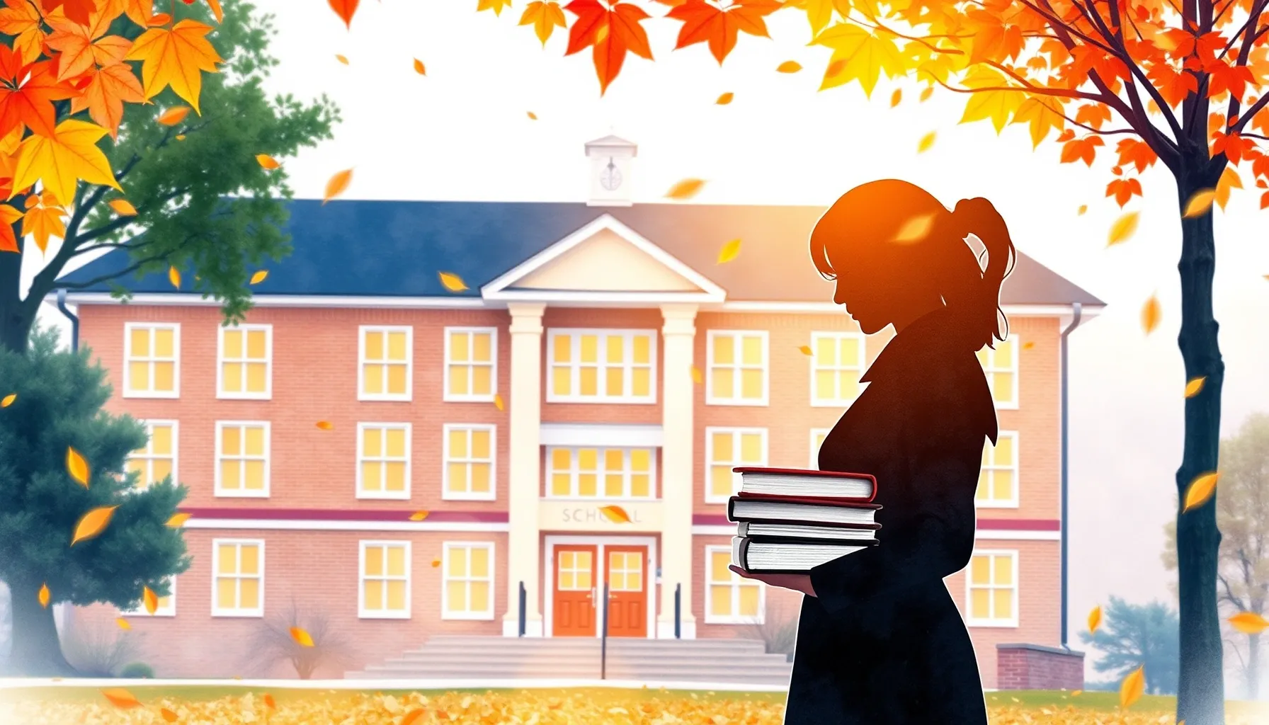 Watercolor style. A silhouette of a woman standing near a sc...