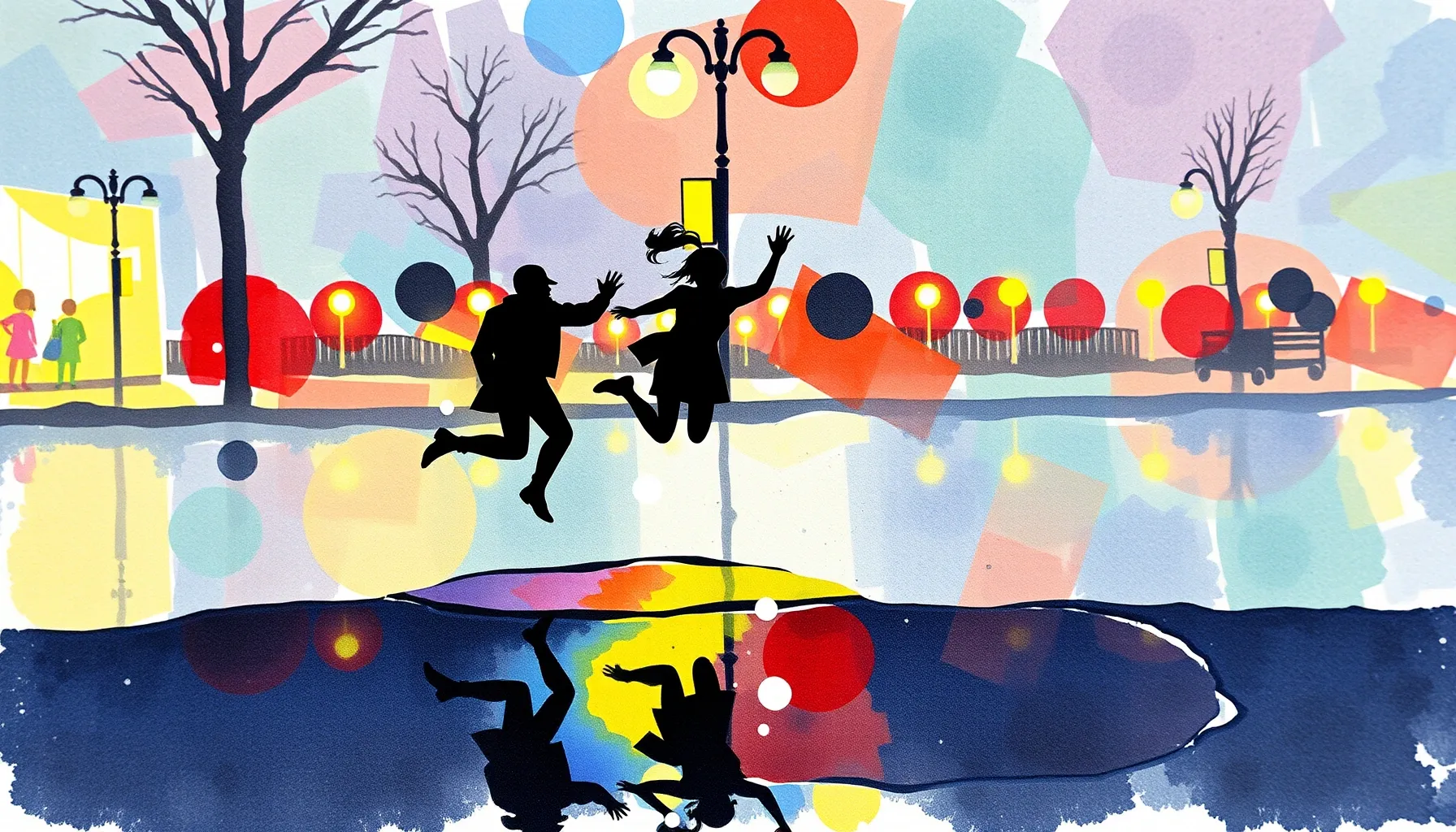 Watercolor style. Silhouette of two figures jumping over a p...