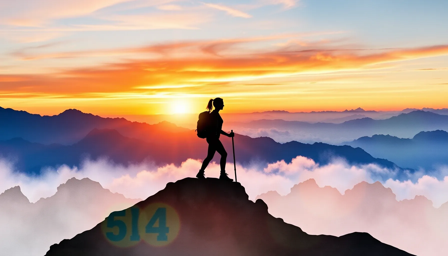 Watercolor style. Silhouette of a woman hiking on a mountain...