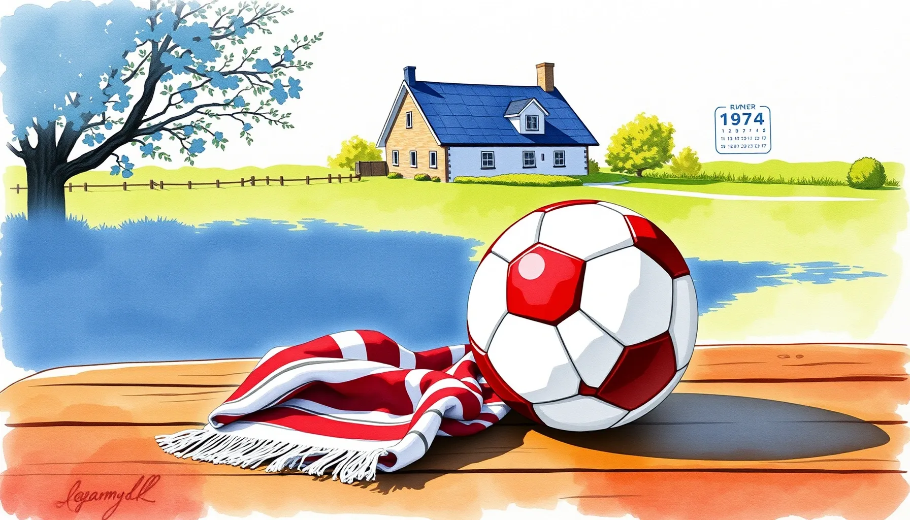 Watercolor style. A red and white soccer ball and a scarf on...