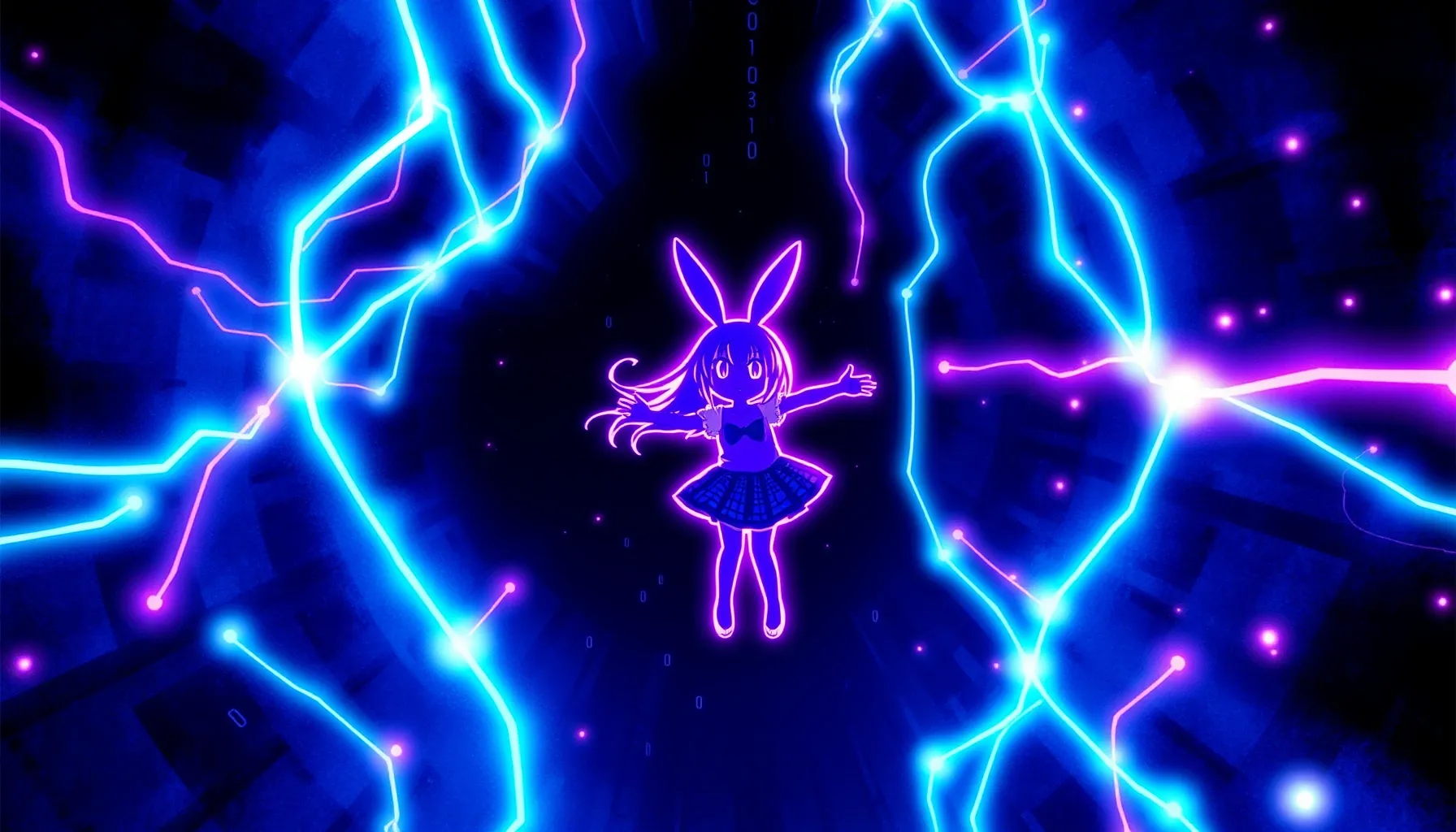 Watercolor style. Digital abyss with glowing neon wires, a s...