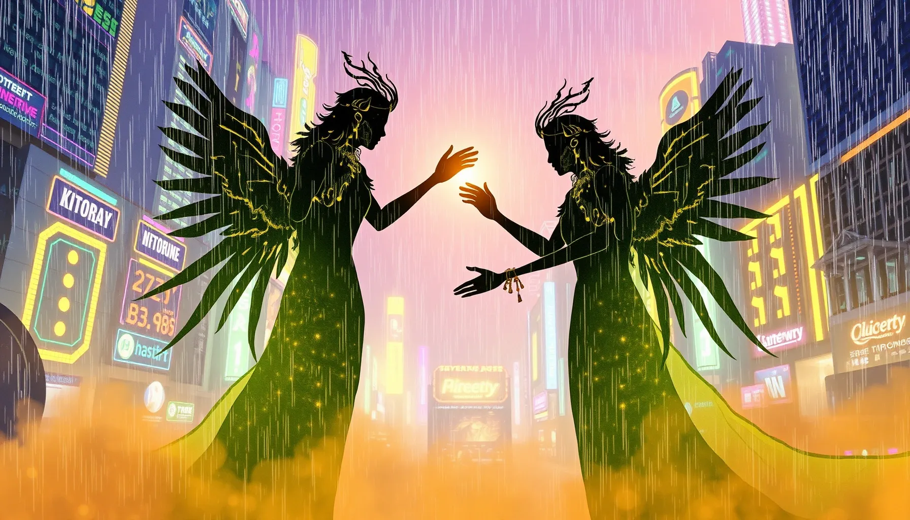 Watercolor style. Two glowing silhouettes of ancient spirits...