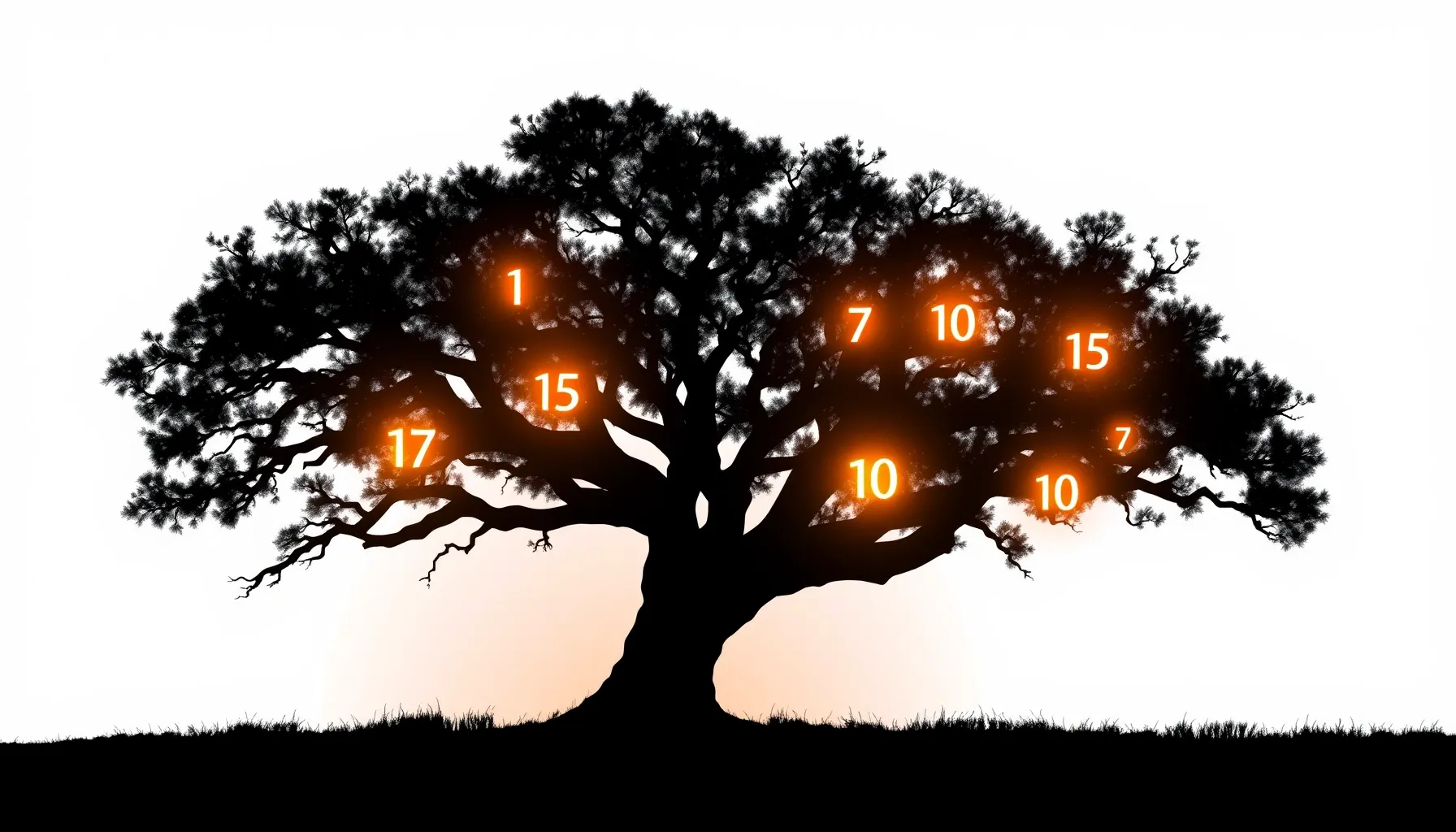 Watercolor style. A silhouette of a massive spreading oak tr...