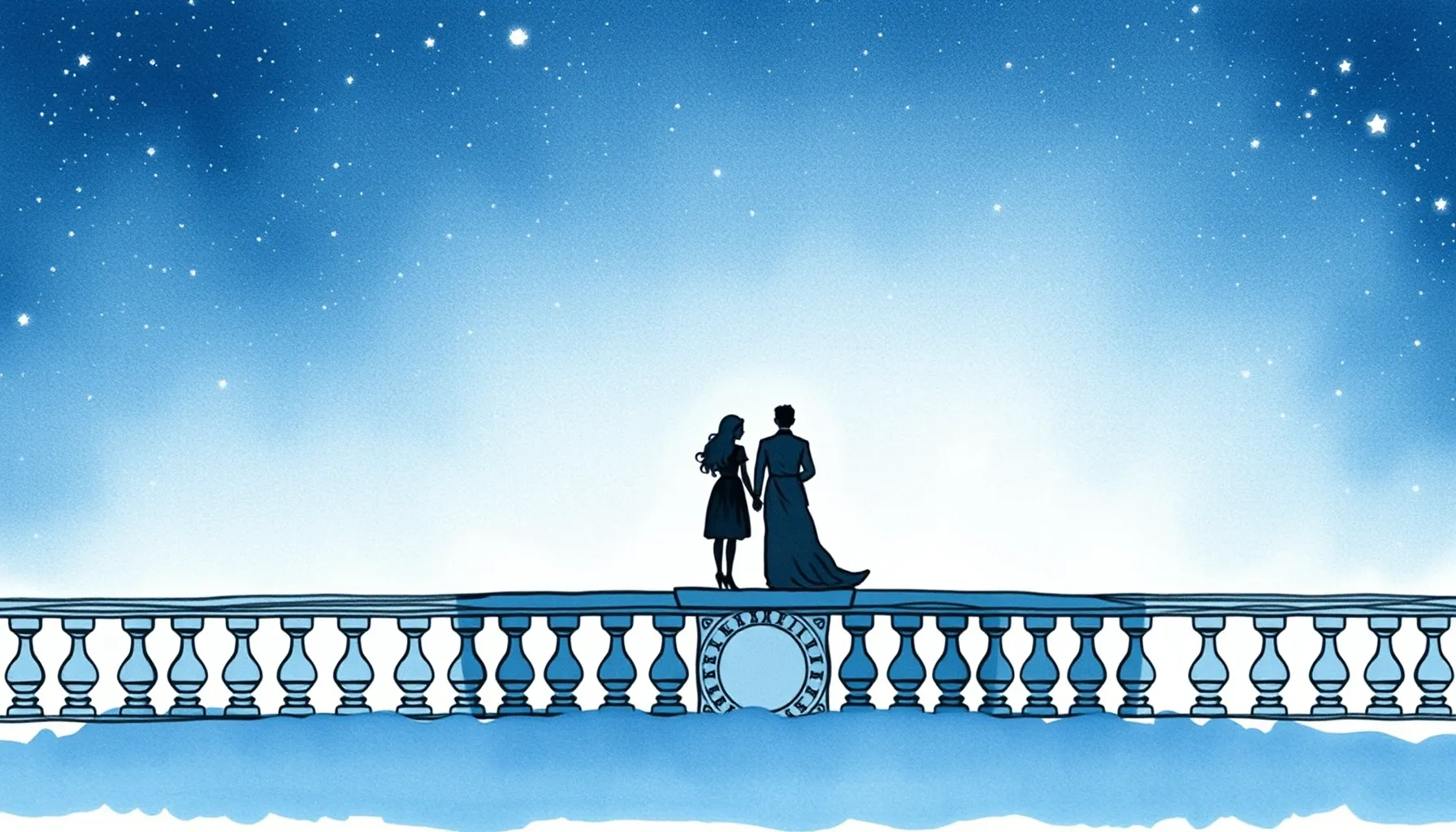 Watercolor style. A minimalist silhouette of two figures sta...