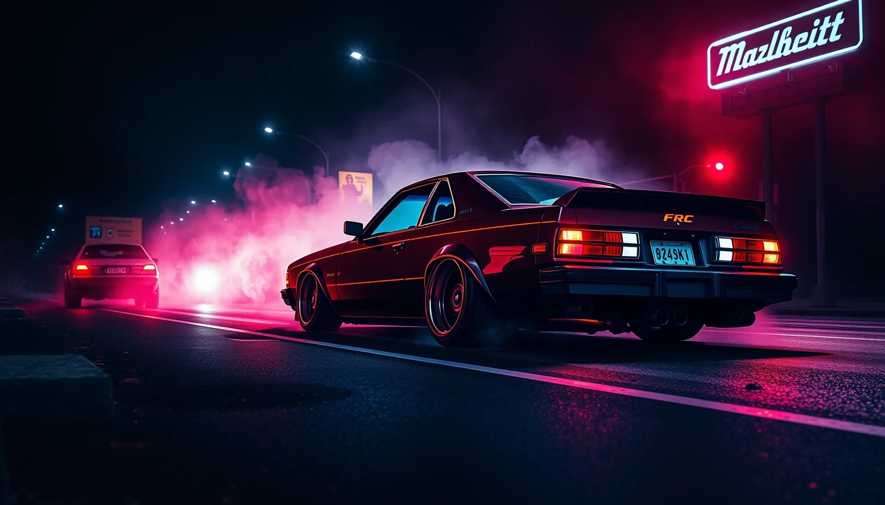 Watercolor style. Lowrider russian car silhouette, dark stre...