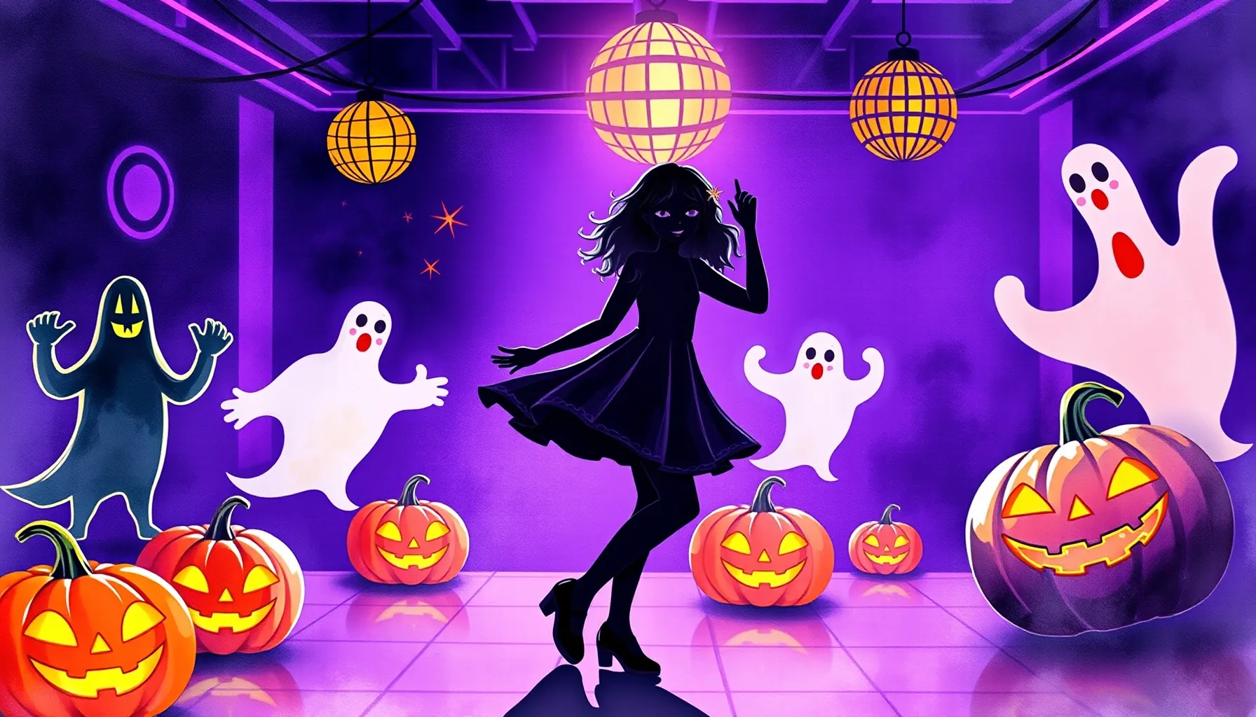 Watercolor style. A silhouette of a girl dancing in a spooky...