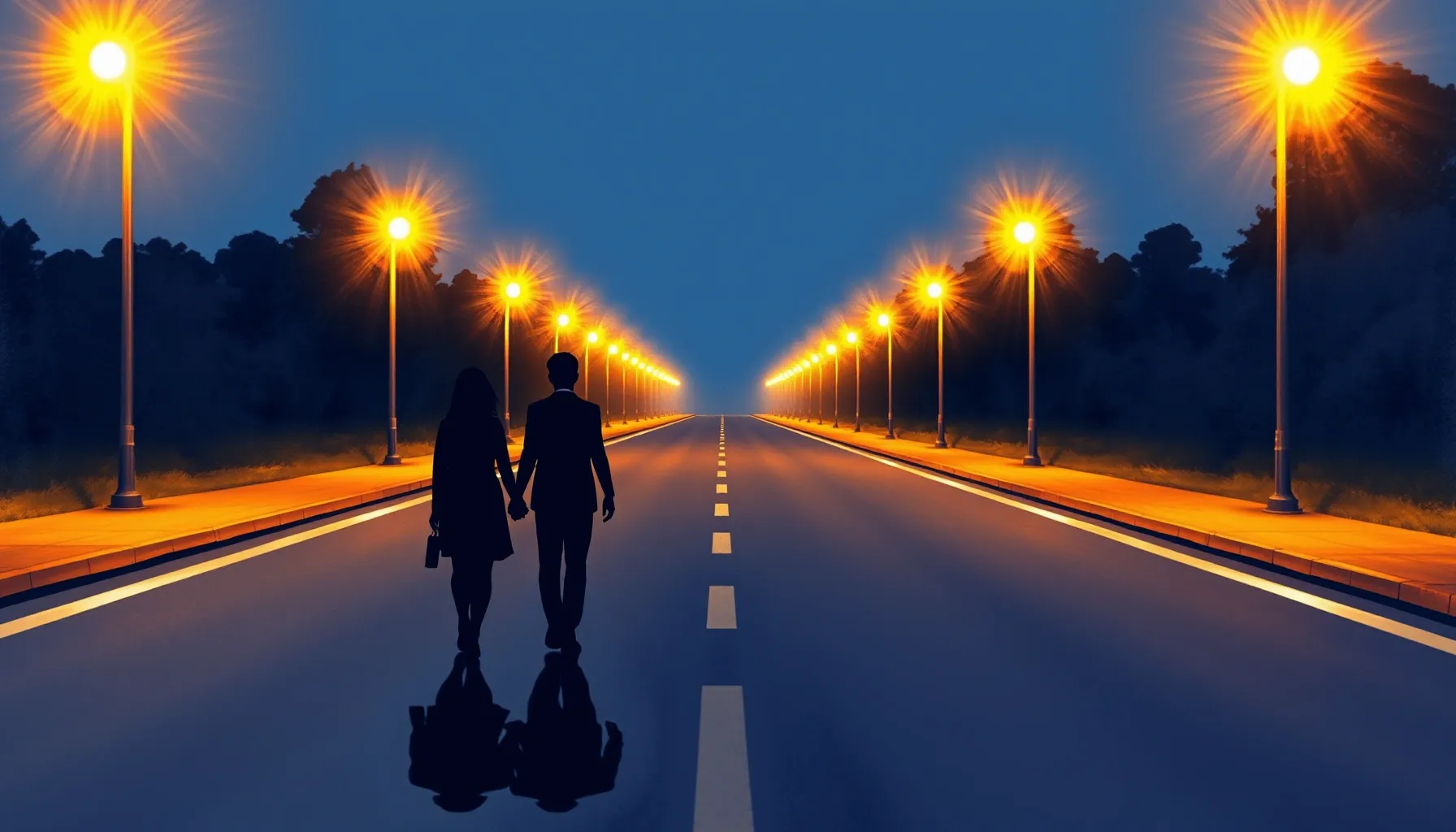 Watercolor style. A long road at night with warm street lamp...