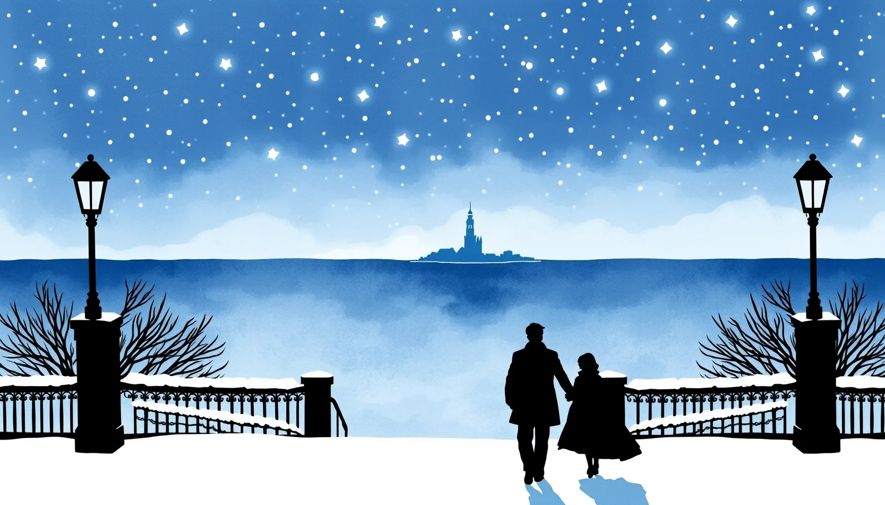 Watercolor style. Silhouettes of a couple walking towards a ...