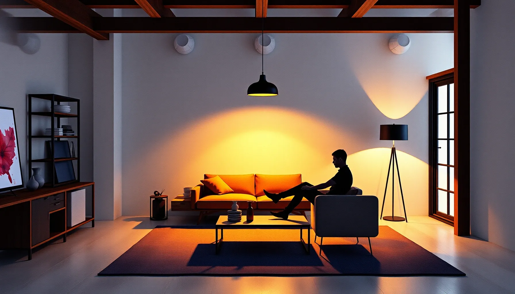 Watercolor style. Minimalist loft interior with a silhouette...