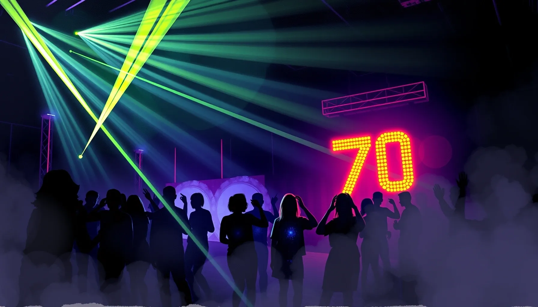 Watercolor style. Neon lights in a dark banquet hall, silhou...