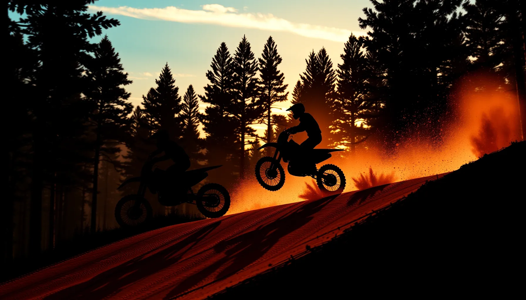 Watercolor style. Silhouettes of motocross riders jumping ov...