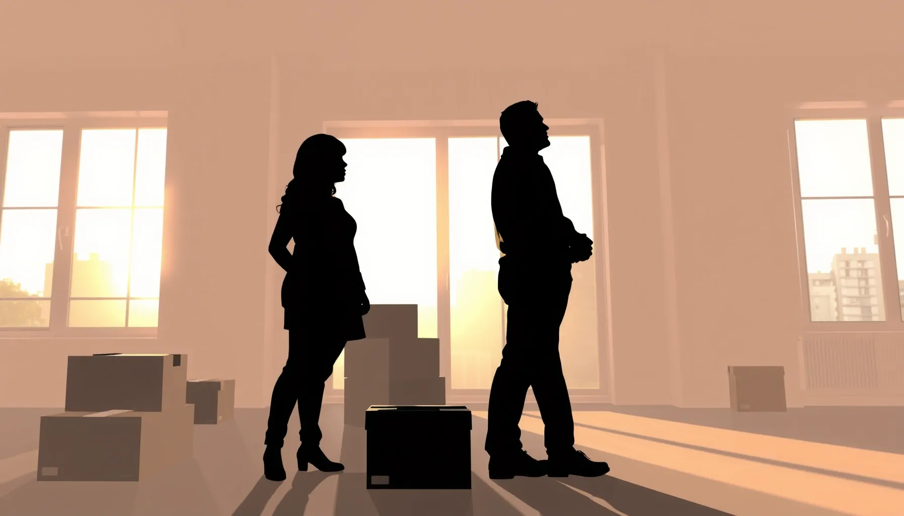 Watercolor style. A minimalist silhouette of a couple standi...