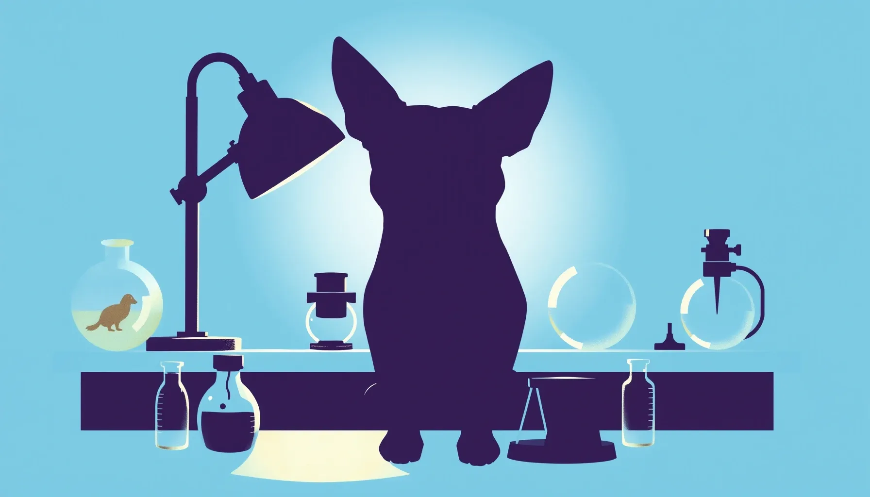 Watercolor style. Silhouette of a dog with glasses sitting a...