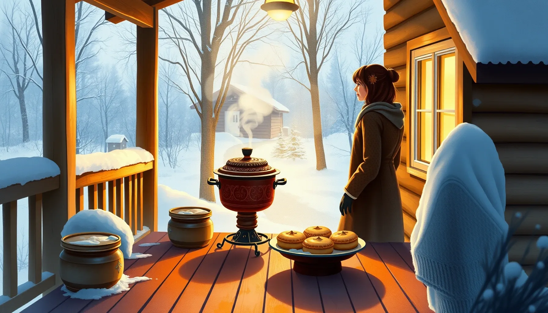 Watercolor style. A cozy wooden dacha porch in winter, a war...