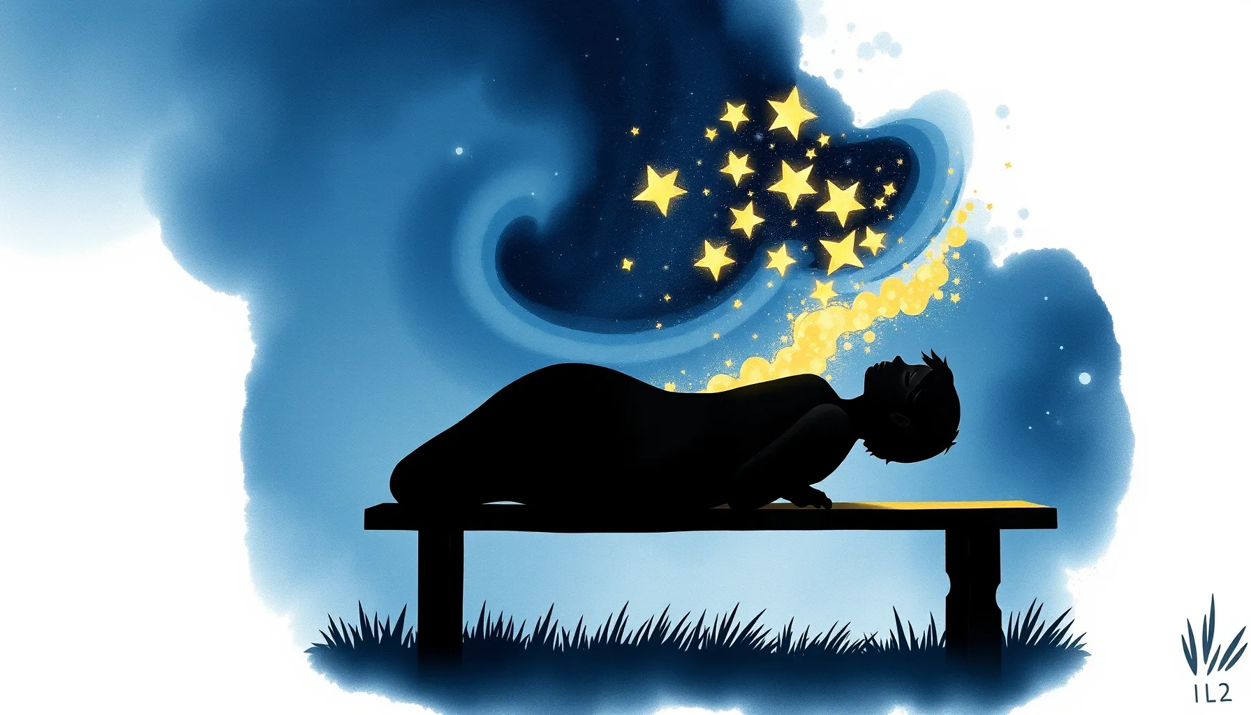 Watercolor style. A silhouette of a sleeping figure on a woo...