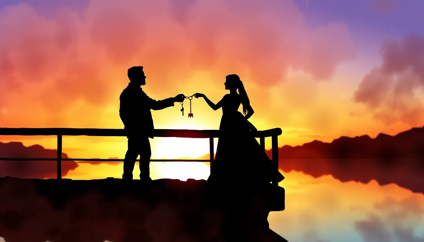 Watercolor style. Silhouette of a couple standing on a bridg...