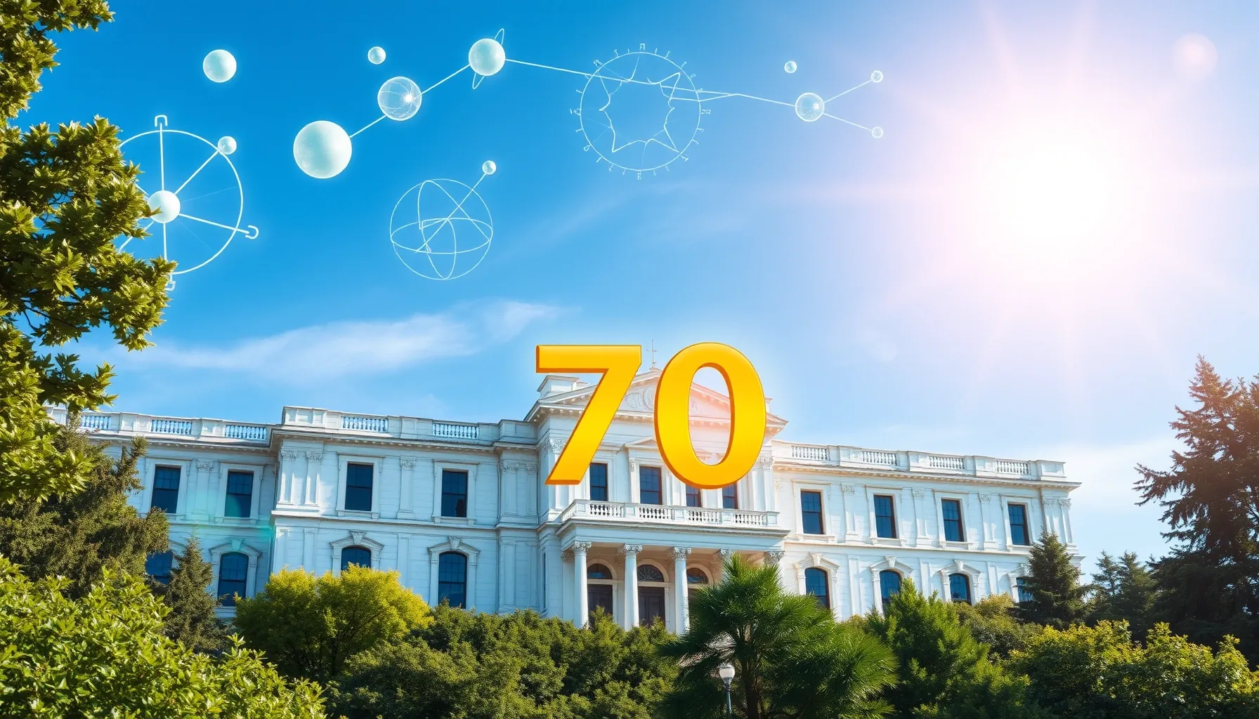 Watercolor style. A majestic white stone building of a scien...