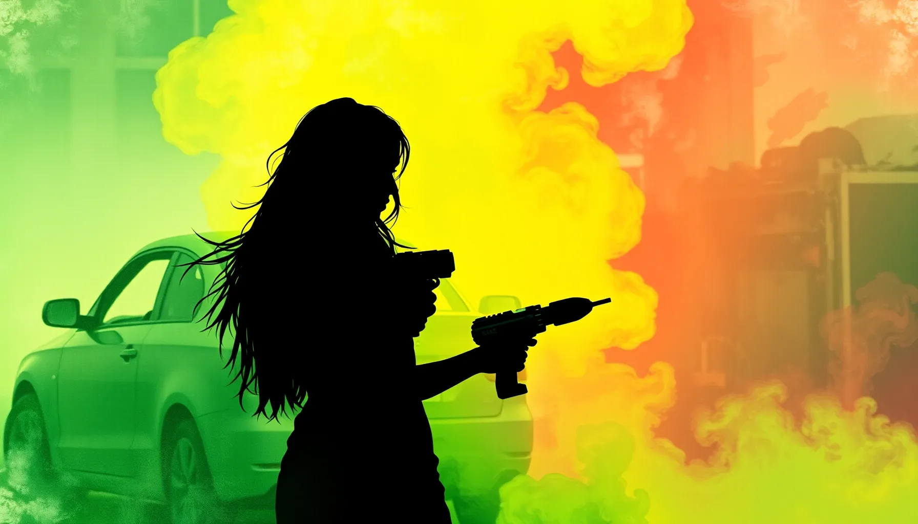 Watercolor style. A silhouette of a woman holding a drill in...