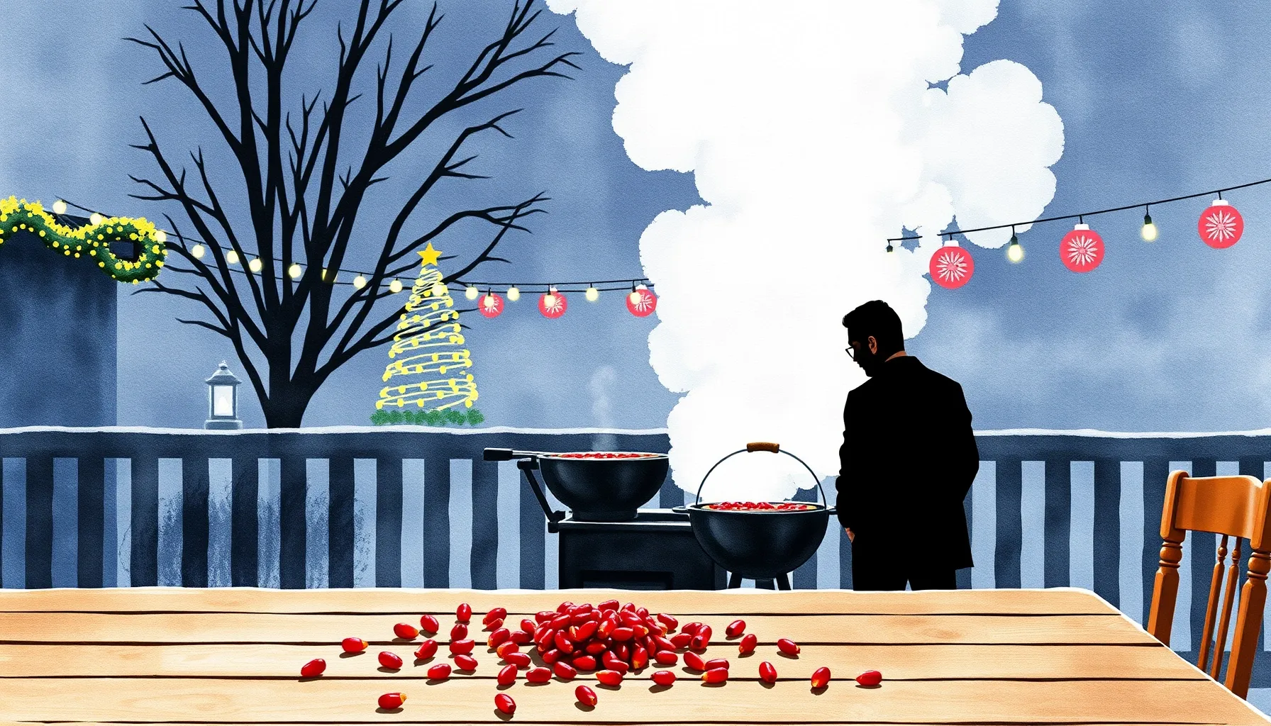 Watercolor style. Two male silhouettes standing near a steam...