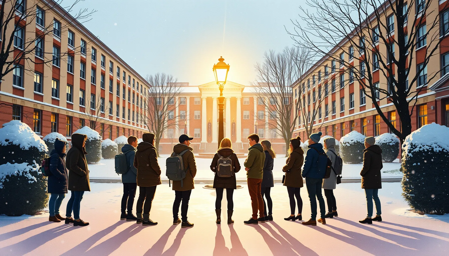 Watercolor style. A silhouette of fourteen students standing...