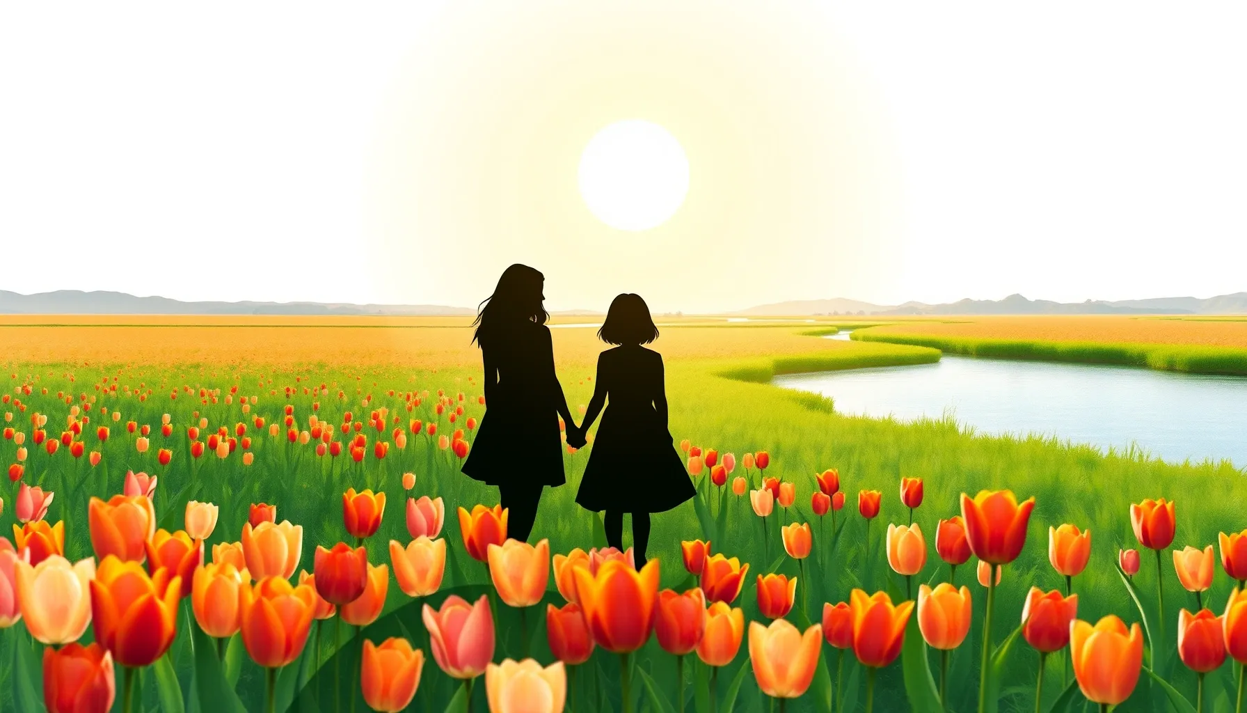 Watercolor style. A silhouette of two sisters standing in a ...
