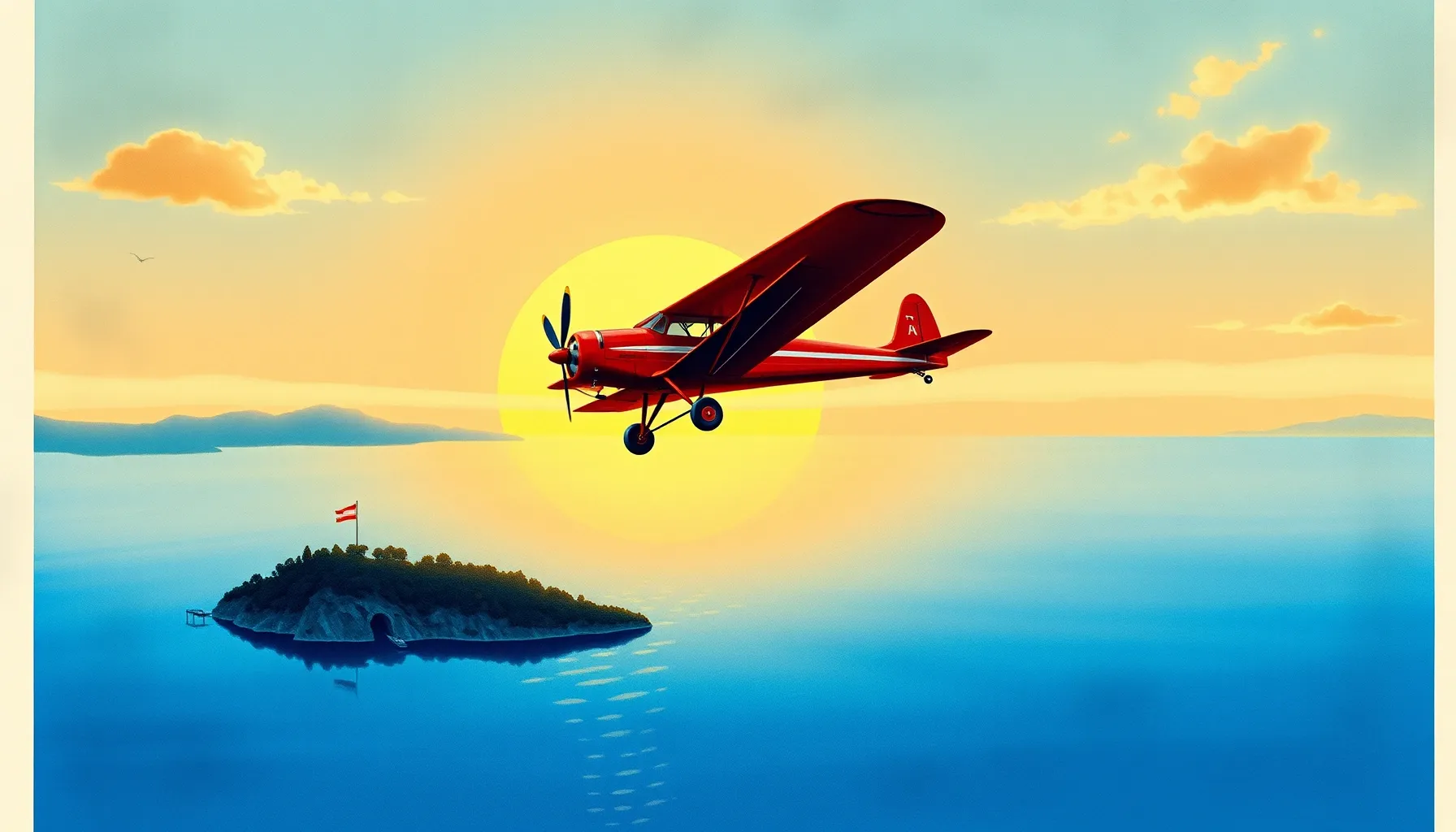 Watercolor style. Vintage red seaplane flying over a calm bl...