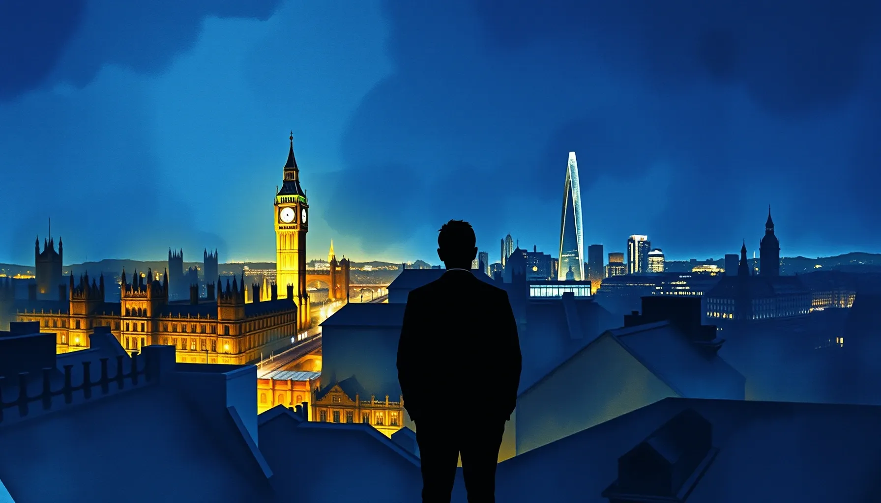 Watercolor style. A dark silhouette of a person standing on ...