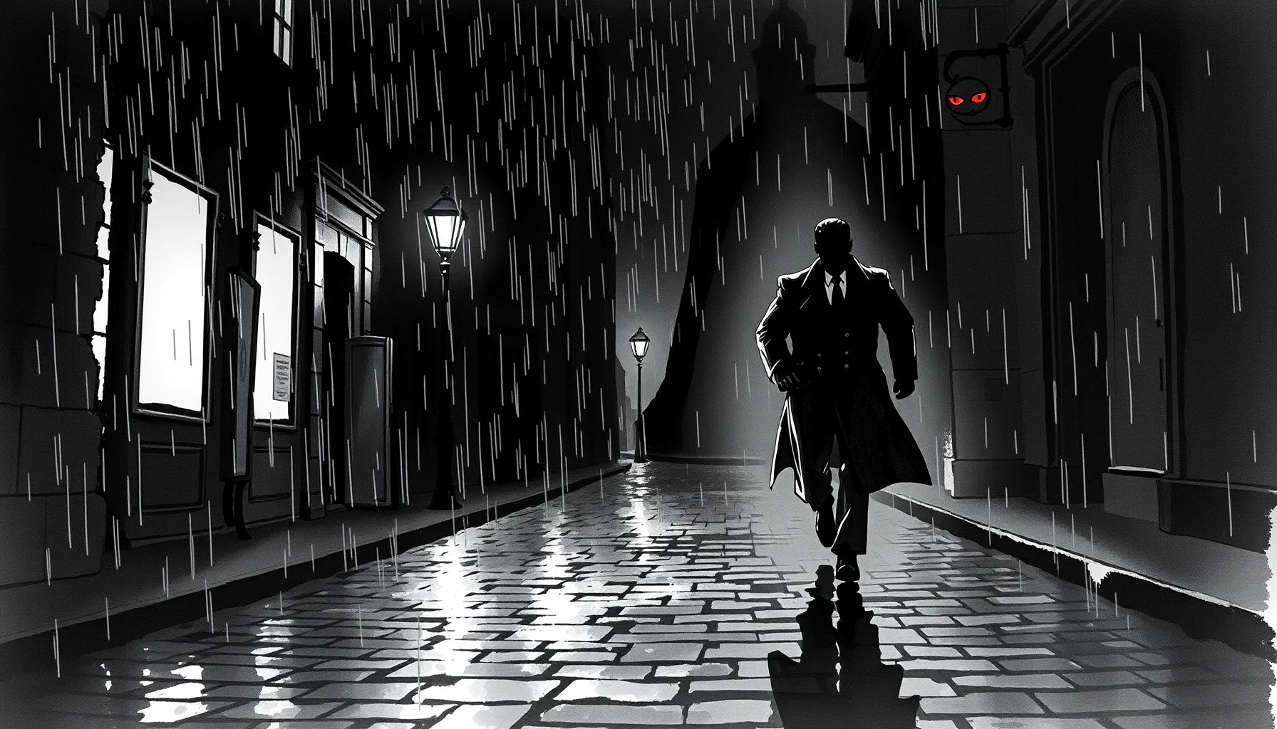 Watercolor style. Noir city street at night, rain falling on...