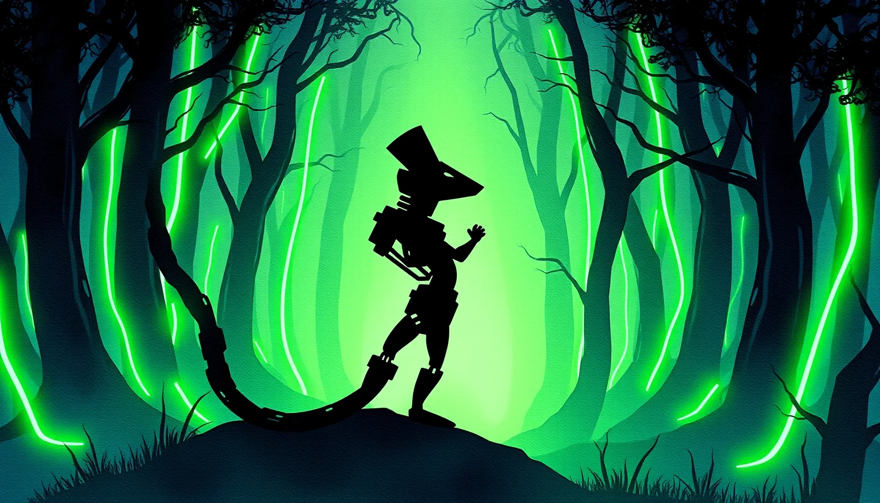 Watercolor style. A silhouette of a mechanical weasel wearin...