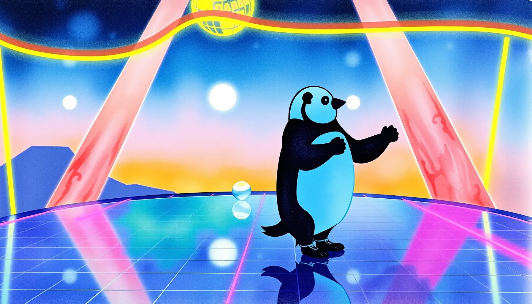 Watercolor style. Silhouettes of a mechanical penguin and a ...