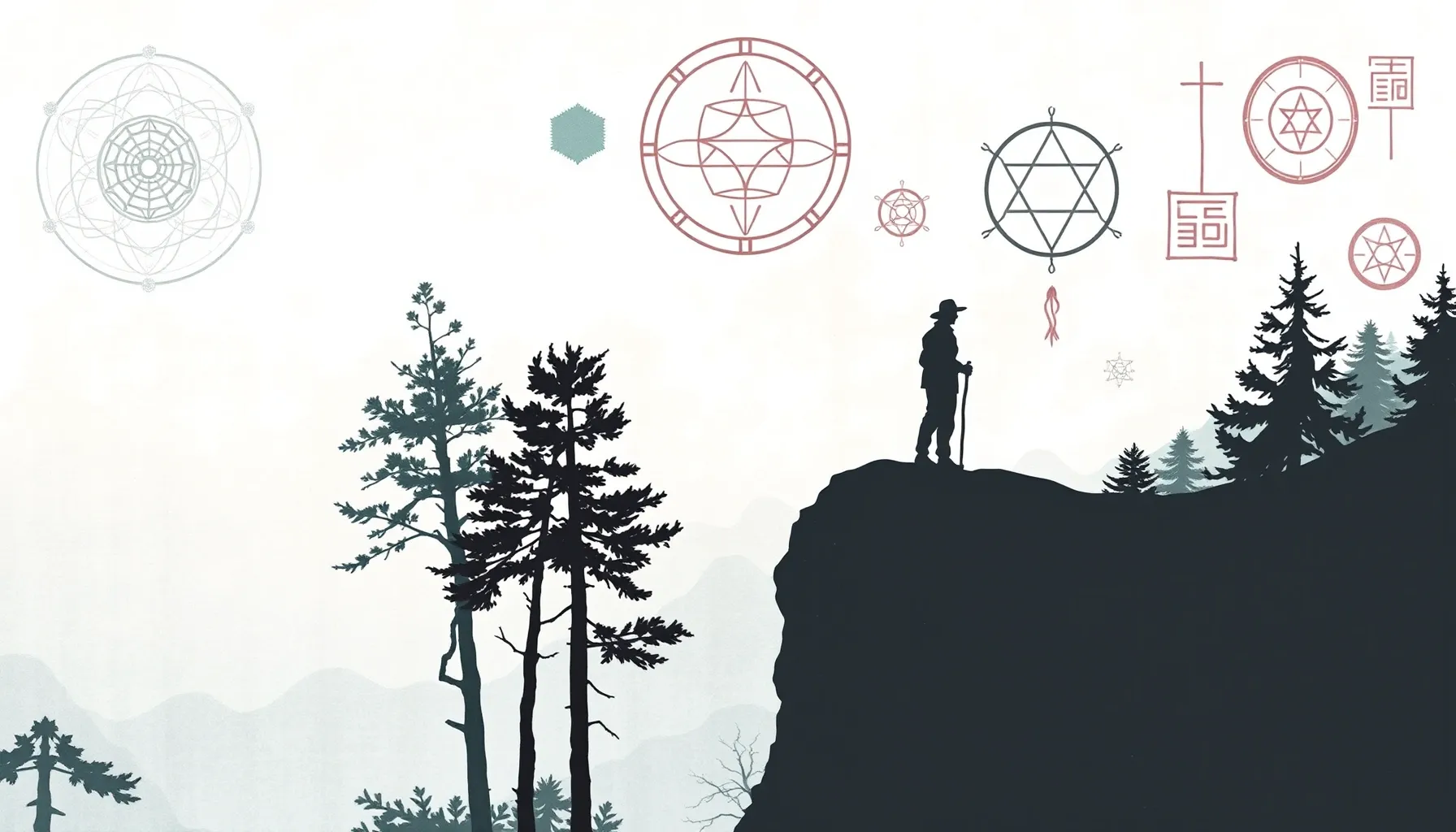 Watercolor style. A silhouette of a lone traveler with a wal...