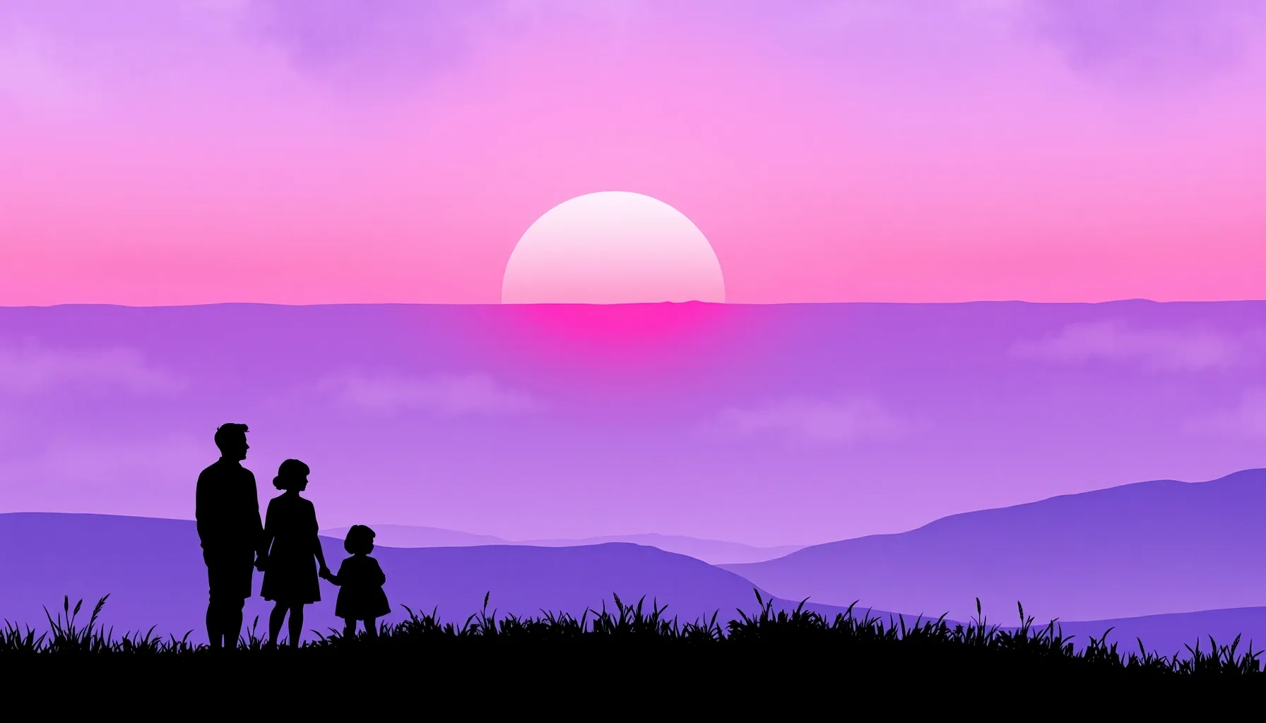 Watercolor style. Silhouette of a family of four standing on...