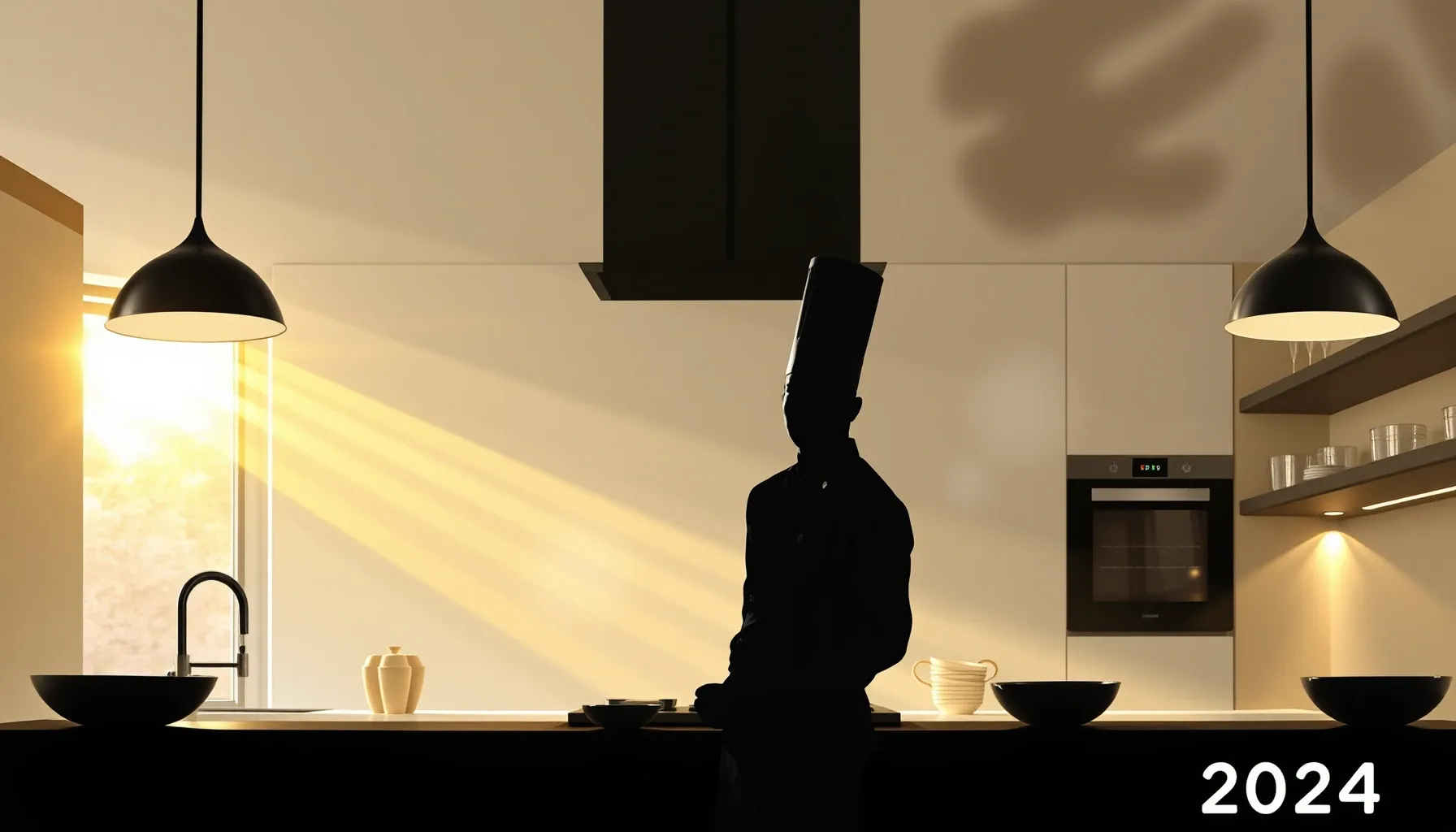 Watercolor style. A silhouette of a chef in a tall hat stand...