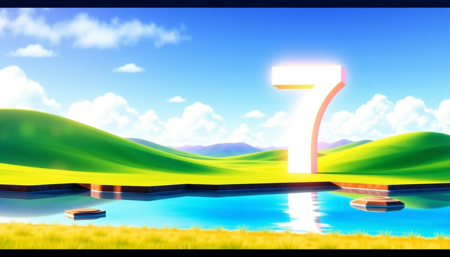 Watercolor style. A vibrant 3D blocky landscape with a large...