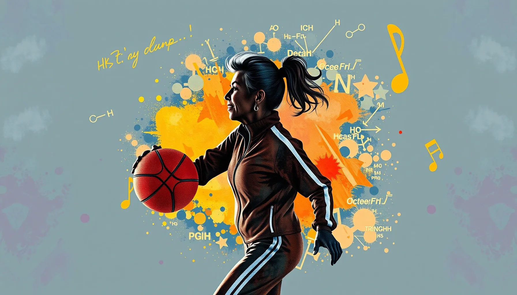 Watercolor style. A silhouette of an energetic elderly woman...