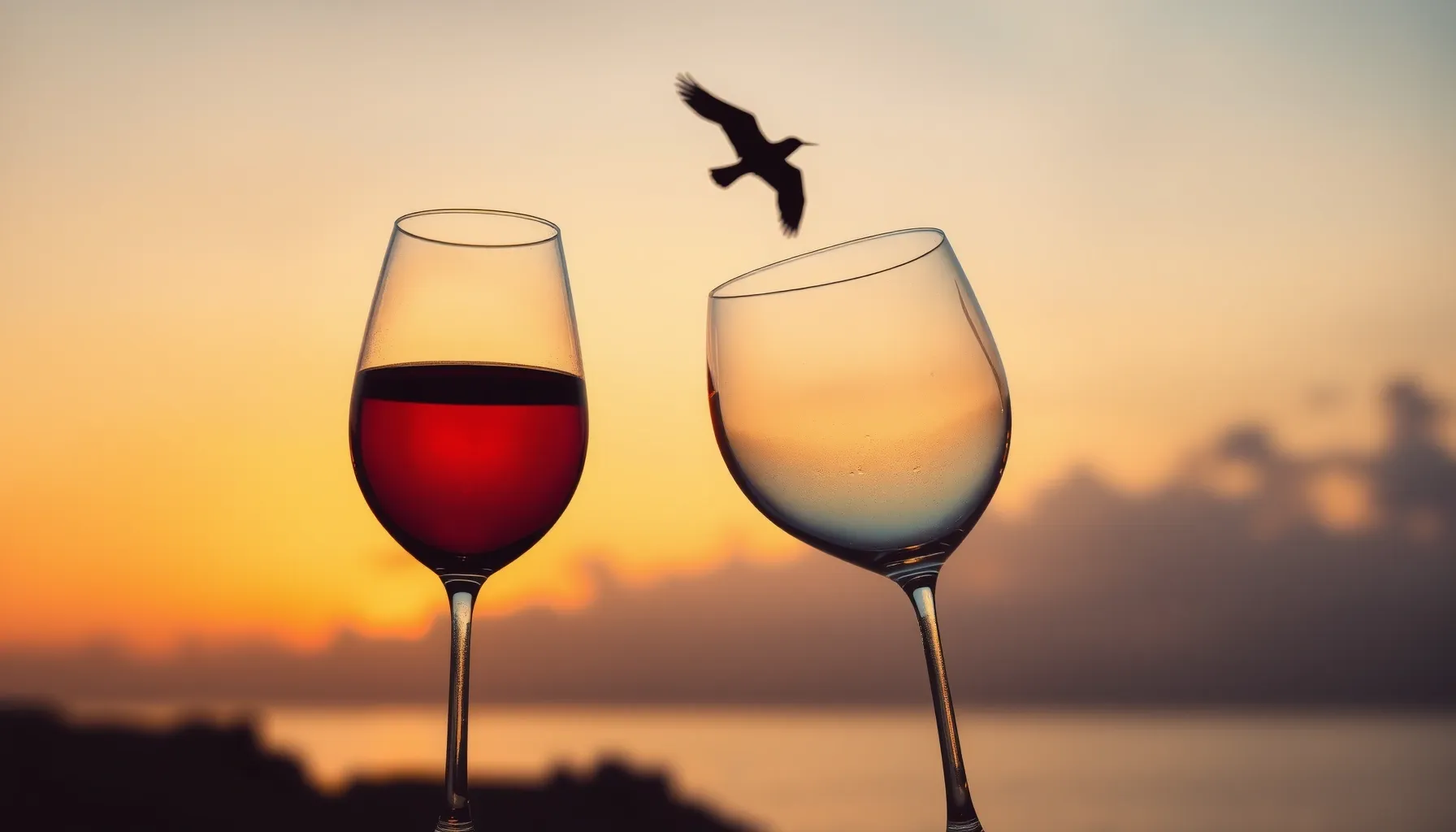 Watercolor style. Two glasses of wine clinking against a sun...