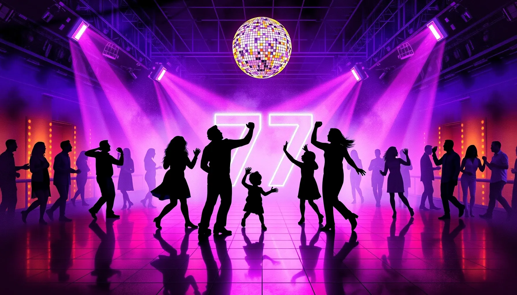 Watercolor style. A glowing neon number 77 on a retro disco ...