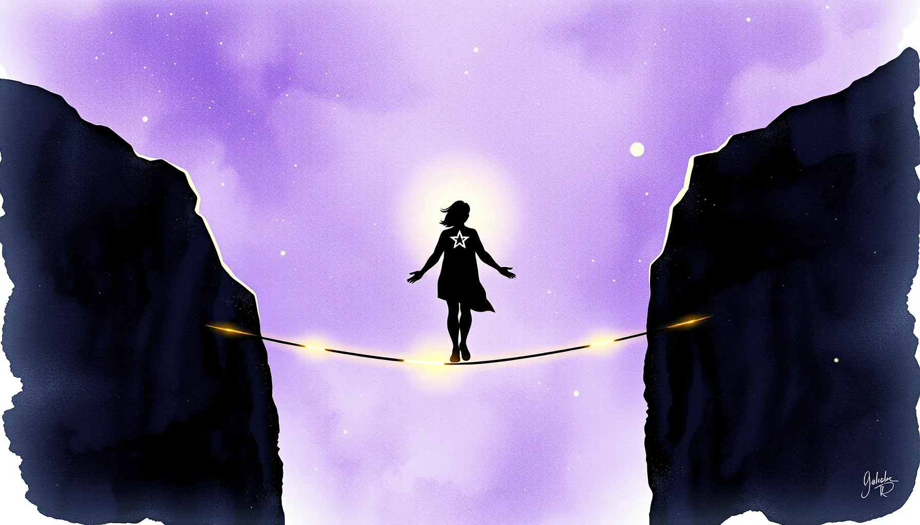 Watercolor style. A silhouette of a person walking on a glow...