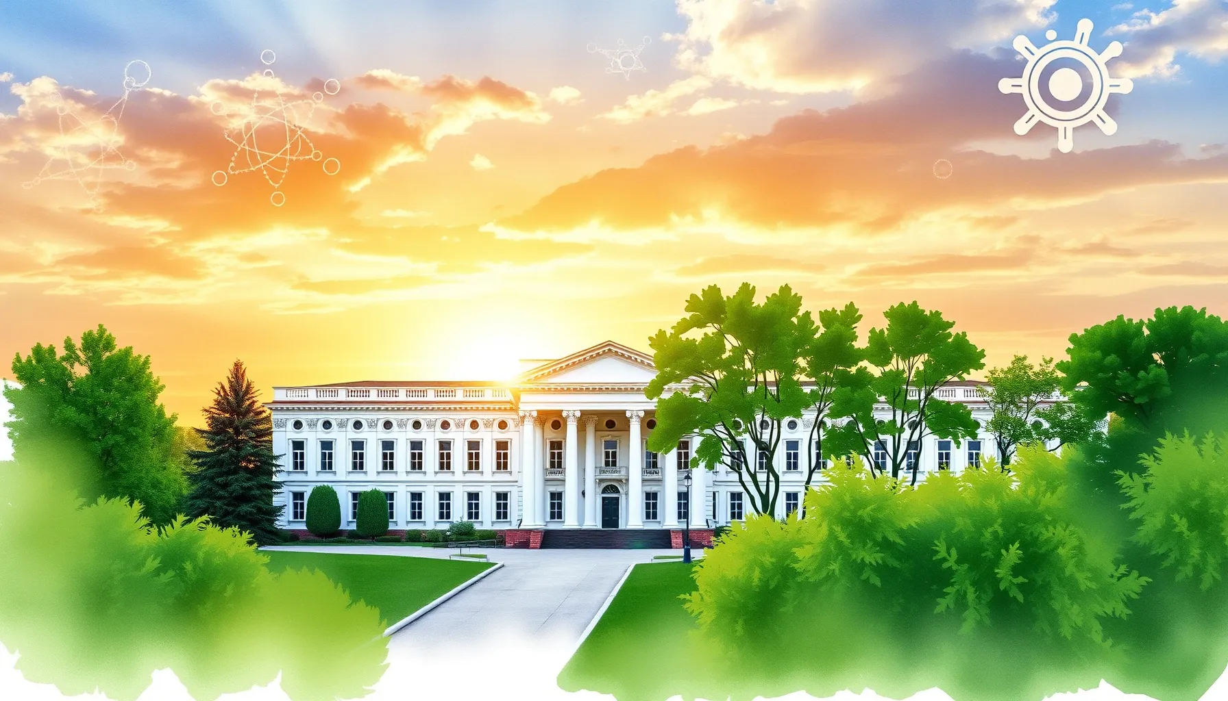 Watercolor style. A majestic white building of a scientific ...