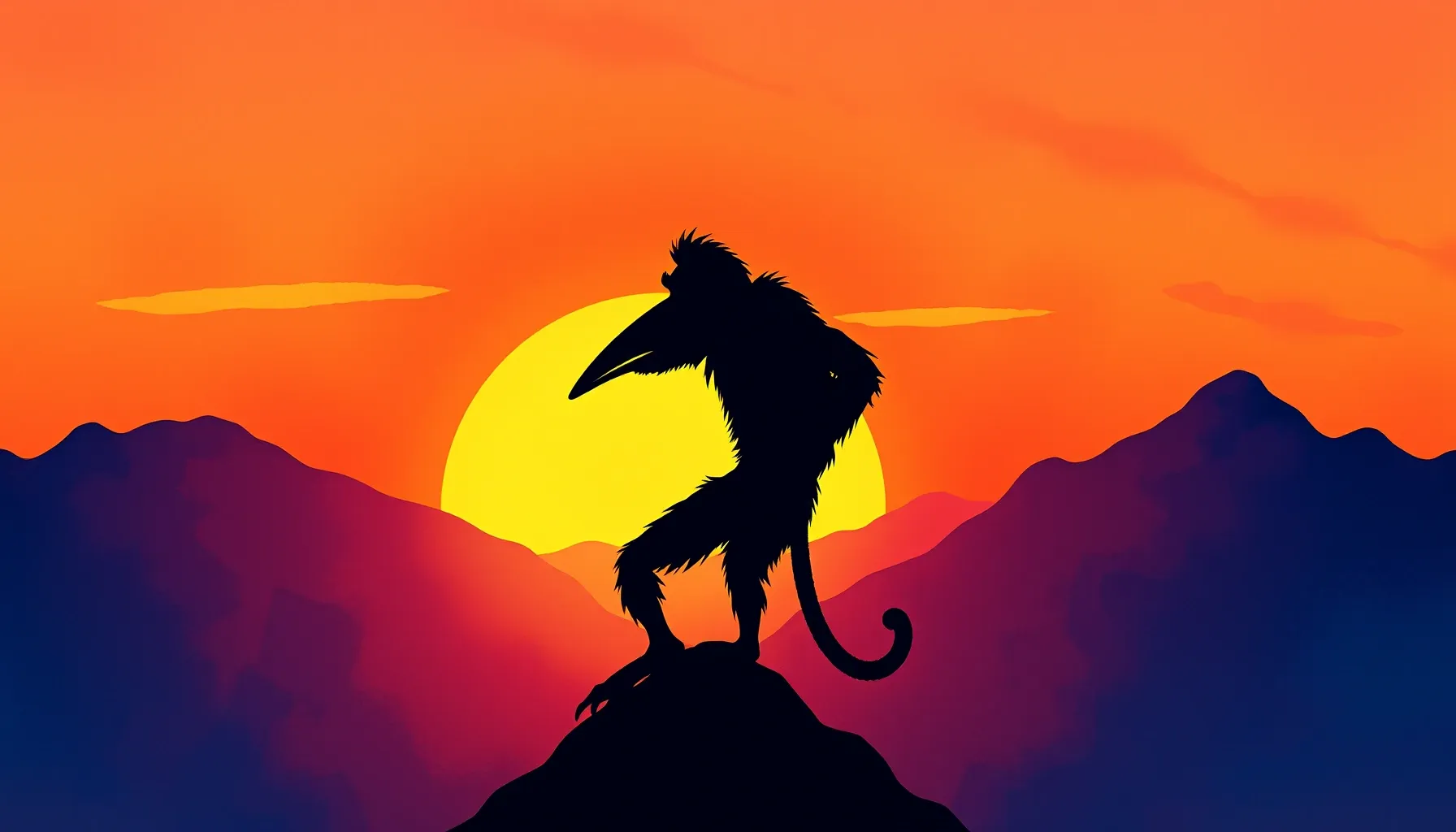 Watercolor style. Silhouette of a monkey-like figure with an...