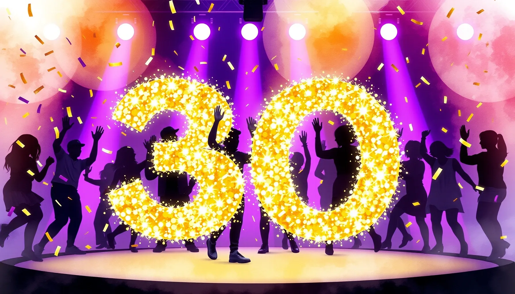 Watercolor style. A large glowing number 30 made of golden p...