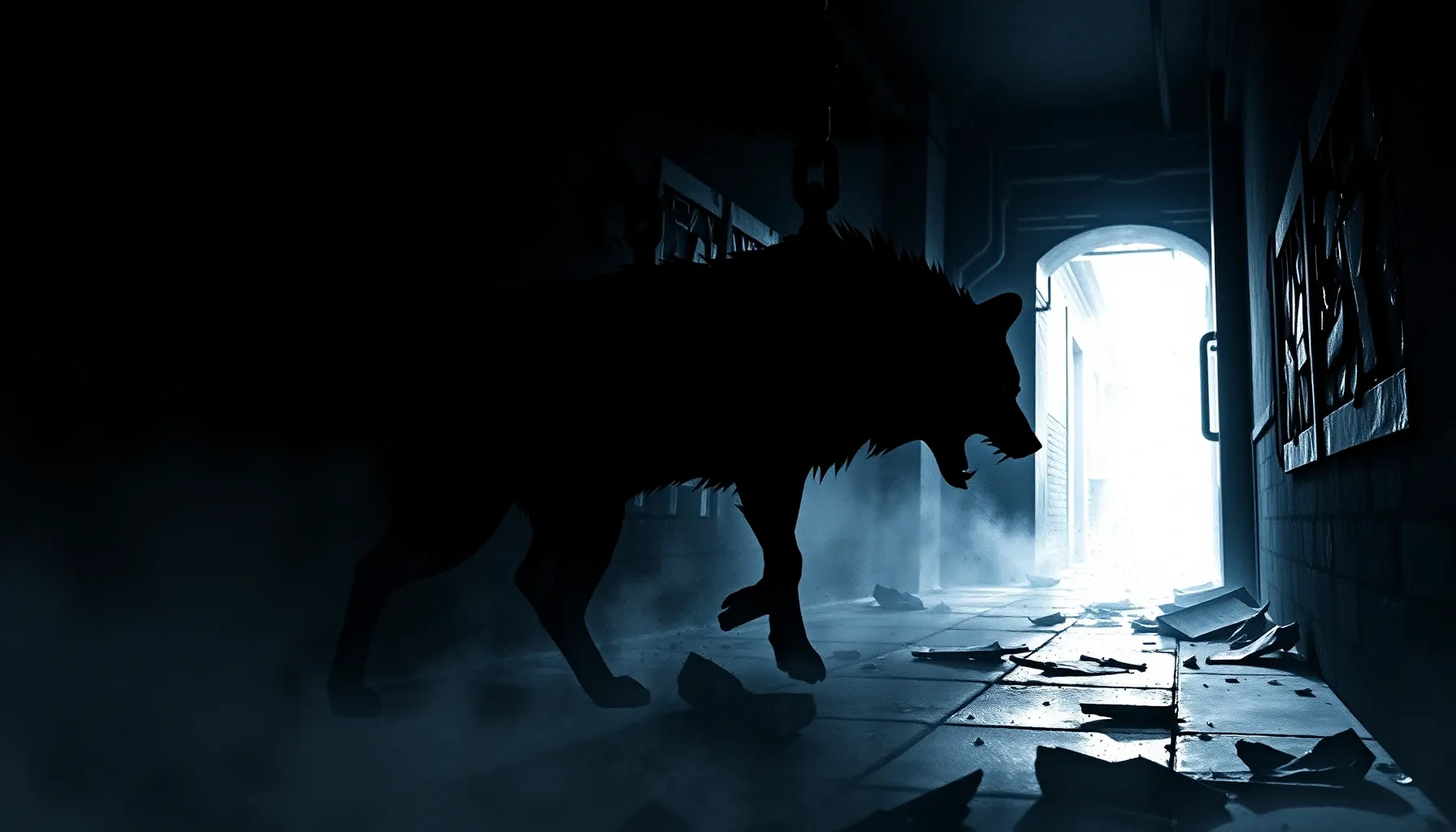 Watercolor style. Dark silhouette of a chained wolf breaking...