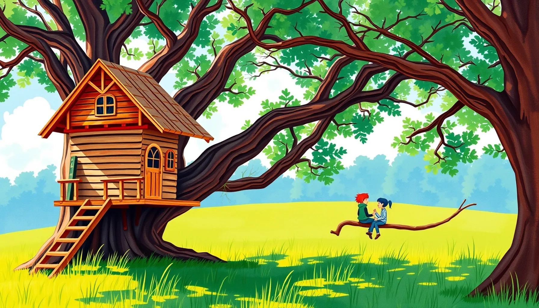 Watercolor style. A cozy wooden treehouse on a large oak tre...