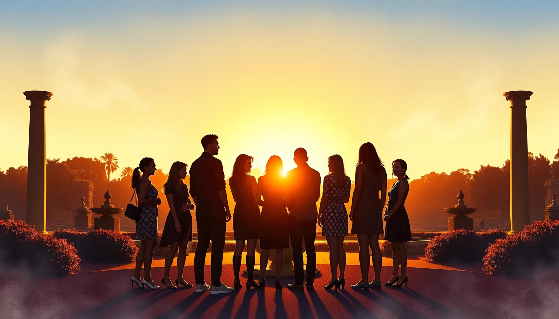 Watercolor style. Silhouettes of a group of friends standing...