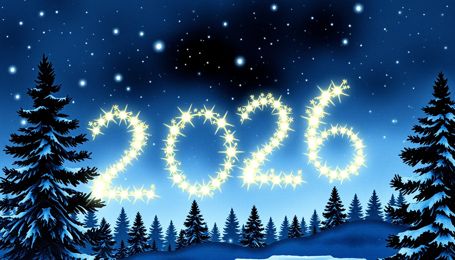 Watercolor style. Glowing numbers 2026 in a winter night sky...