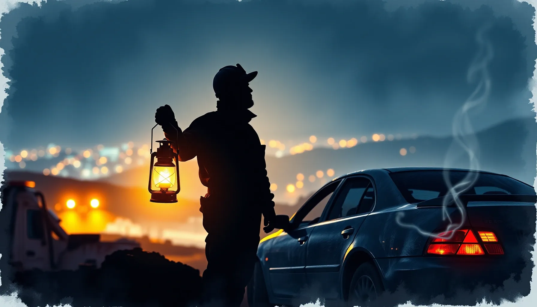 Watercolor style. Silhouette of a miner holding a lantern, s...