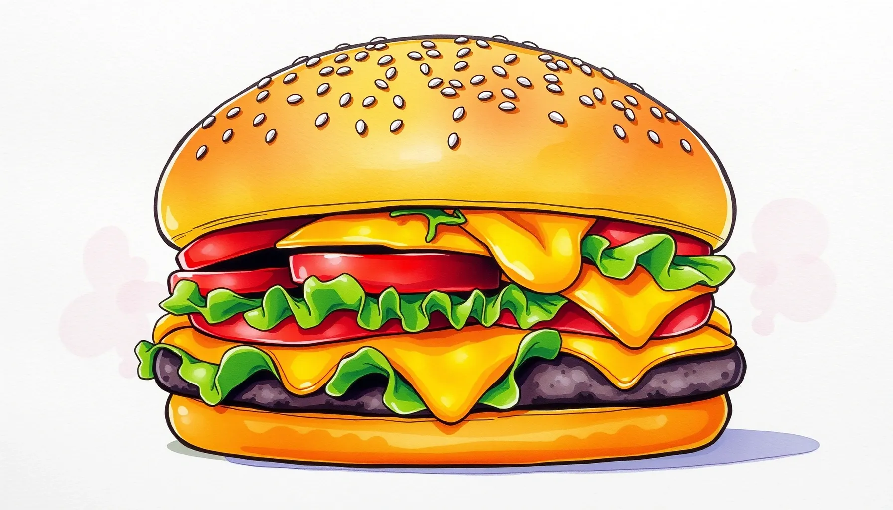 Watercolor style. A giant delicious cheeseburger with sesame...