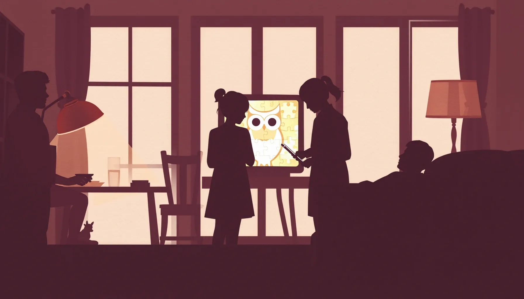 Watercolor style. Silhouettes of a family in a cozy living r...