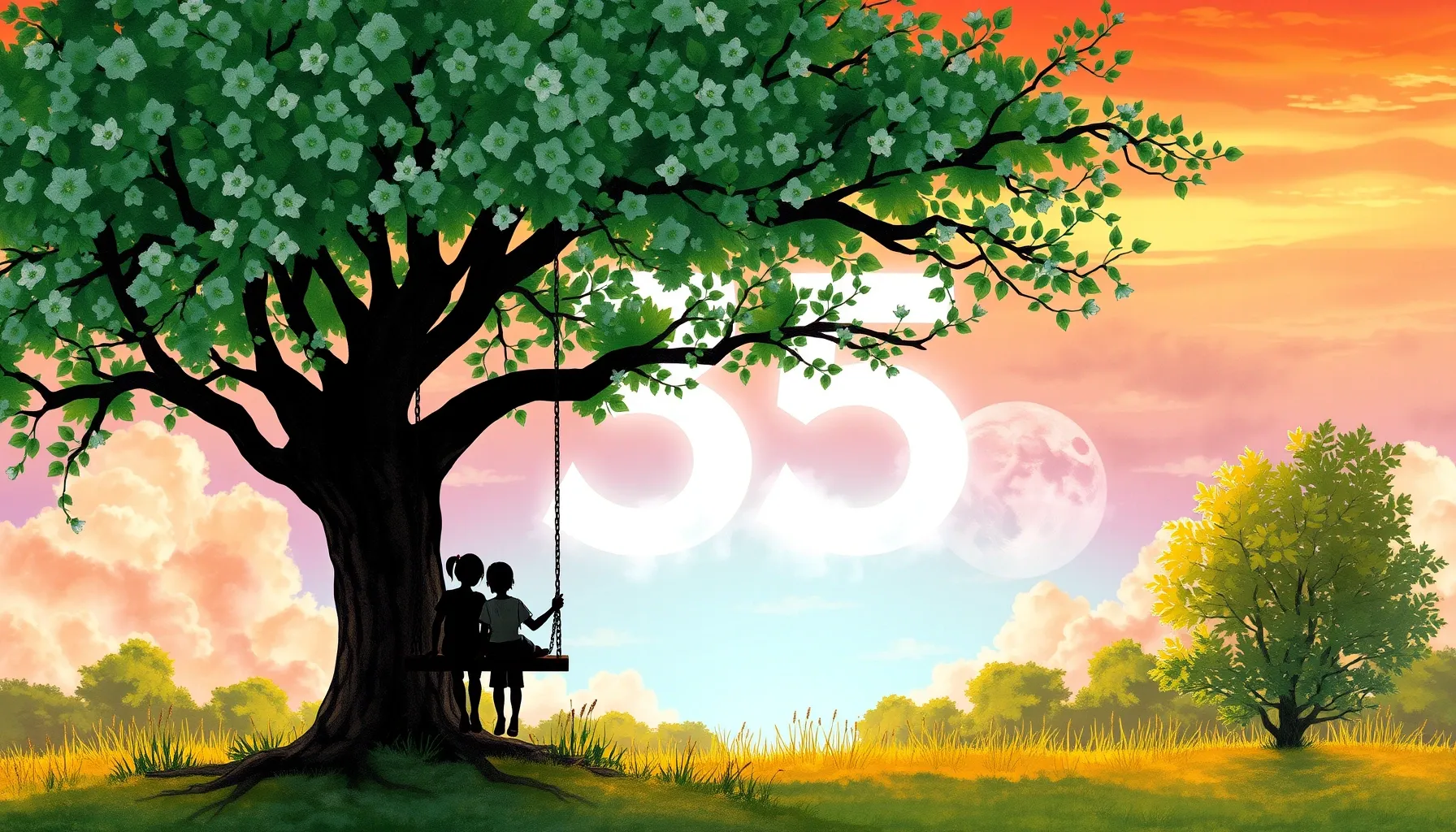 Watercolor style. Silhouette of two friends on a swing under...