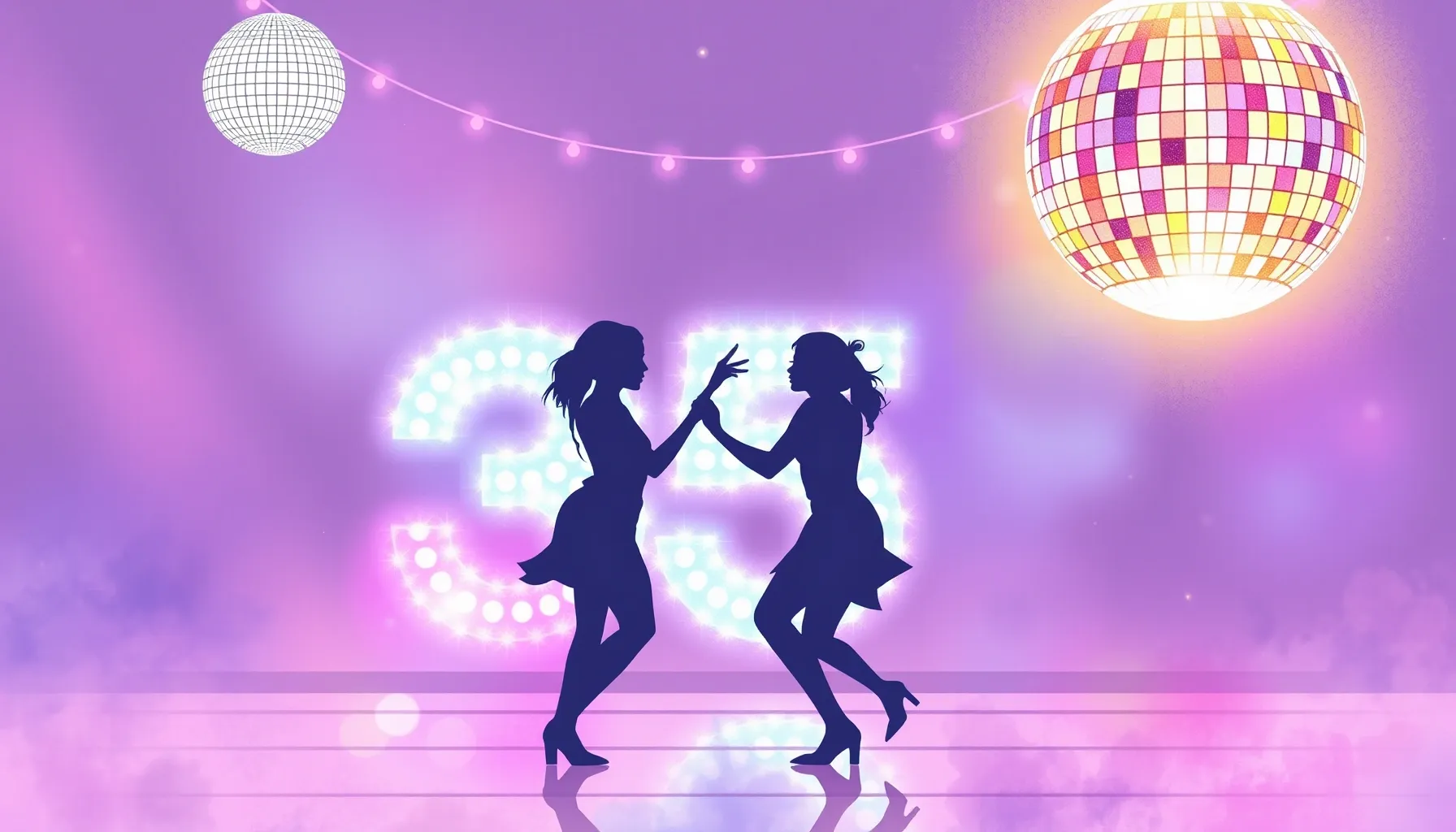 Watercolor style. Two silhouettes dancing under disco ball l...